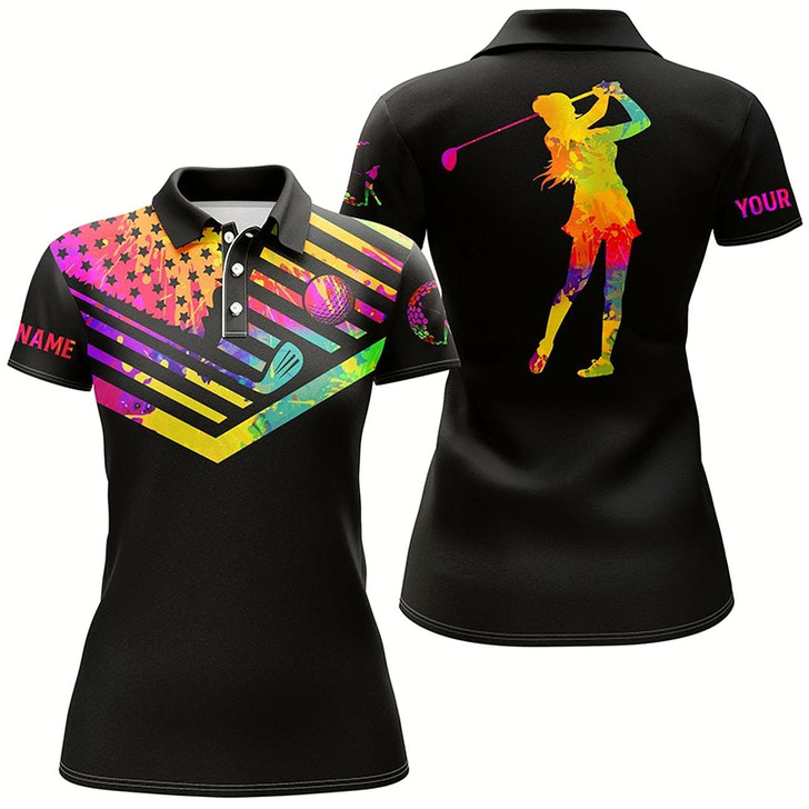 Goofygear Womens Golf Polo Shirt Watercolor American Flag Custom Name Black Golf Shirt