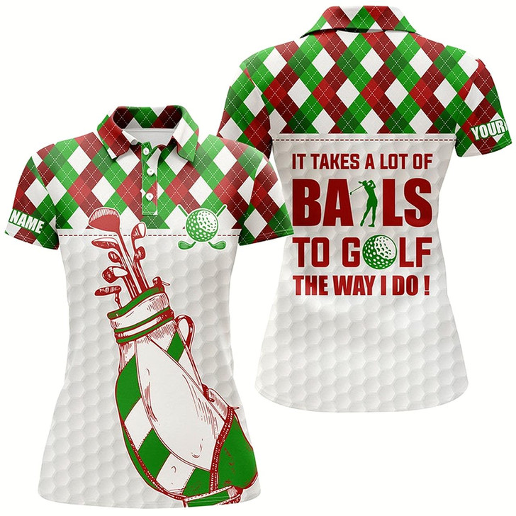 Goofygear Women Golf Polo Shirt It Takes A Lot Of Balls To Golf Custom Christmas Argyle Pattern Shirt For Women