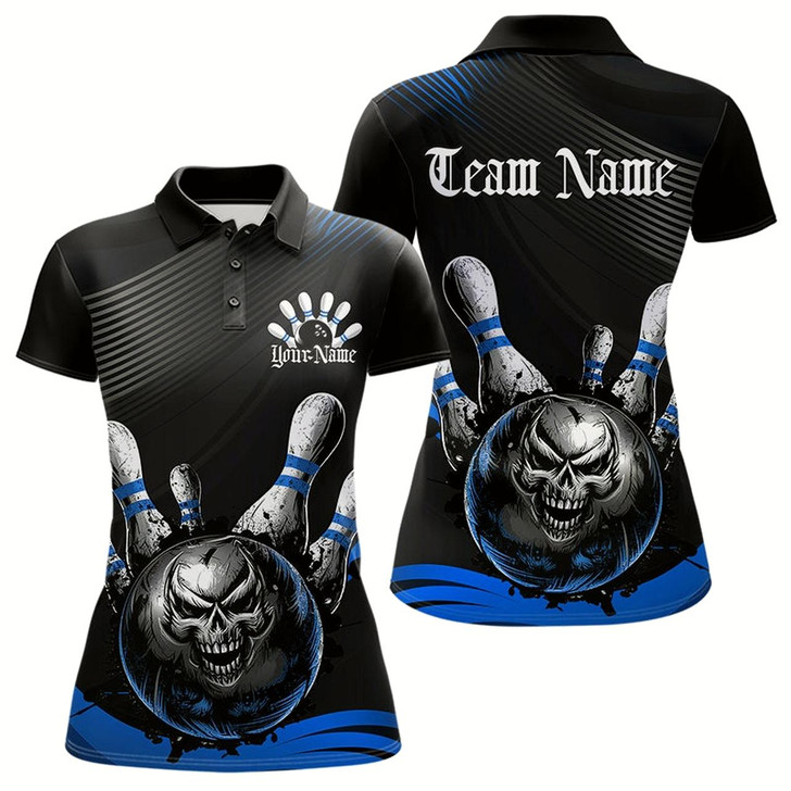 Goofygear Custom Black And Blue Grunge Style Skull Bowling Polo Shirt For Women, Bowling Team Uniform