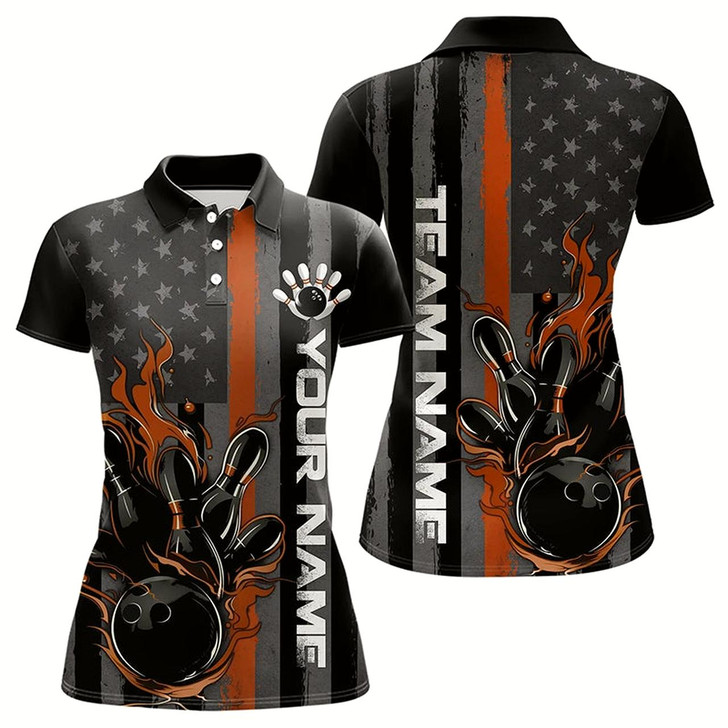 Goofygear Brown Line American Flag Custom Patriotic Flame Womens Bowling Polo Shirt, Us Bowling Shirt