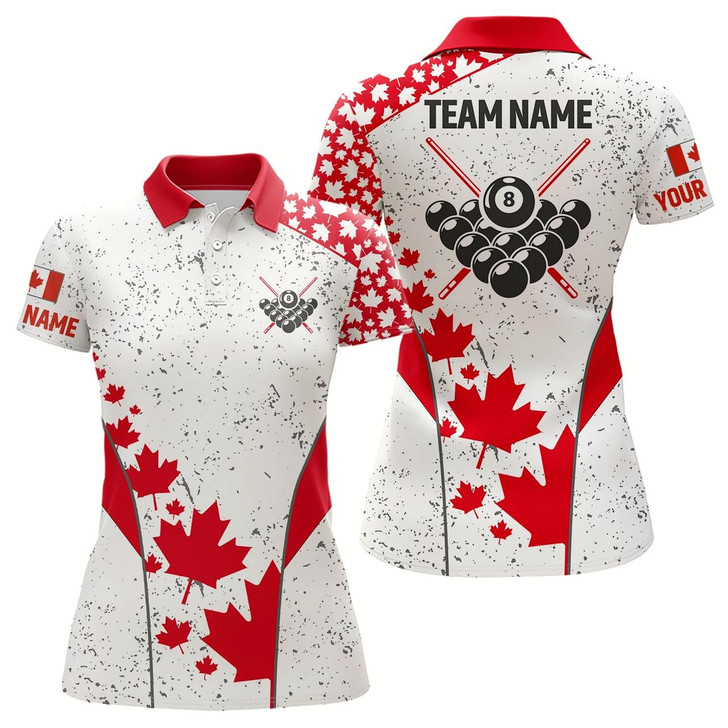 Goofygear Personalized Grunge Canadian Flag Billiard Polo Shirts For Women, Patriotic 8 Ball Billiard Jerseys