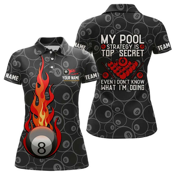 Goofygear Personalized 8 Ball Flame Billiard Polo Shirts For Women, Custom 8 Ball Pattern Billiard Jerseys