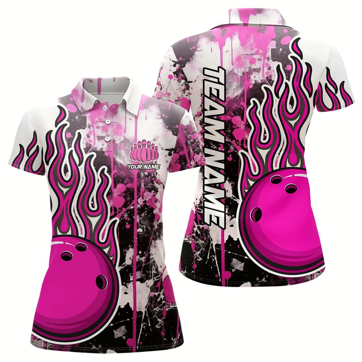 Goofygear Pink Camo Flame Bowling Polo Shirts Women Custom Bowling Team Jerseys Bowling League Shirts