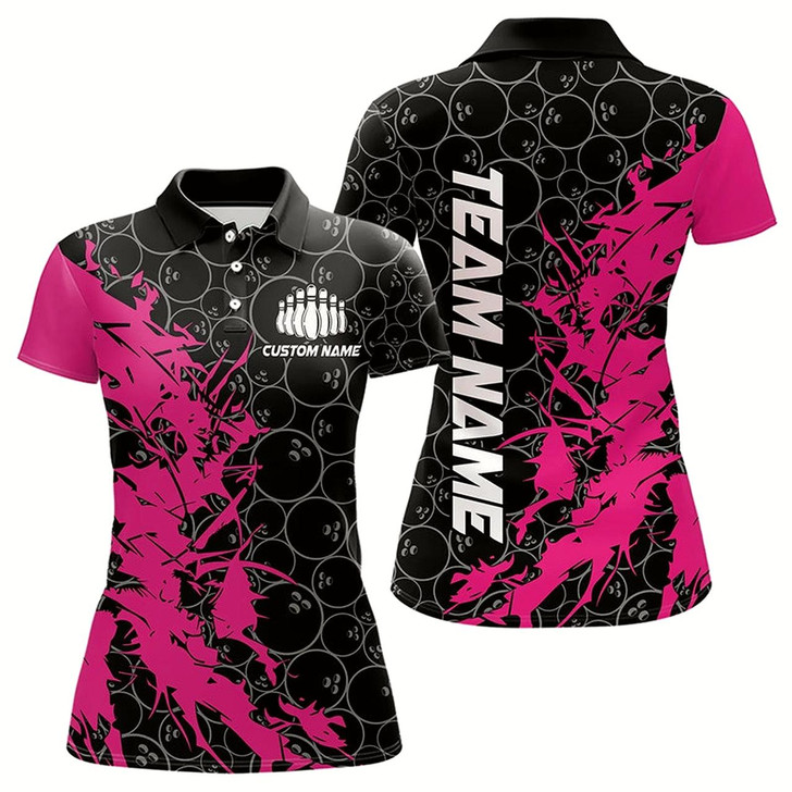 Goofygear Black And Pink Custom Bowling Tournament Polo Shirts For Women, Bowling Pattern Team Jersey