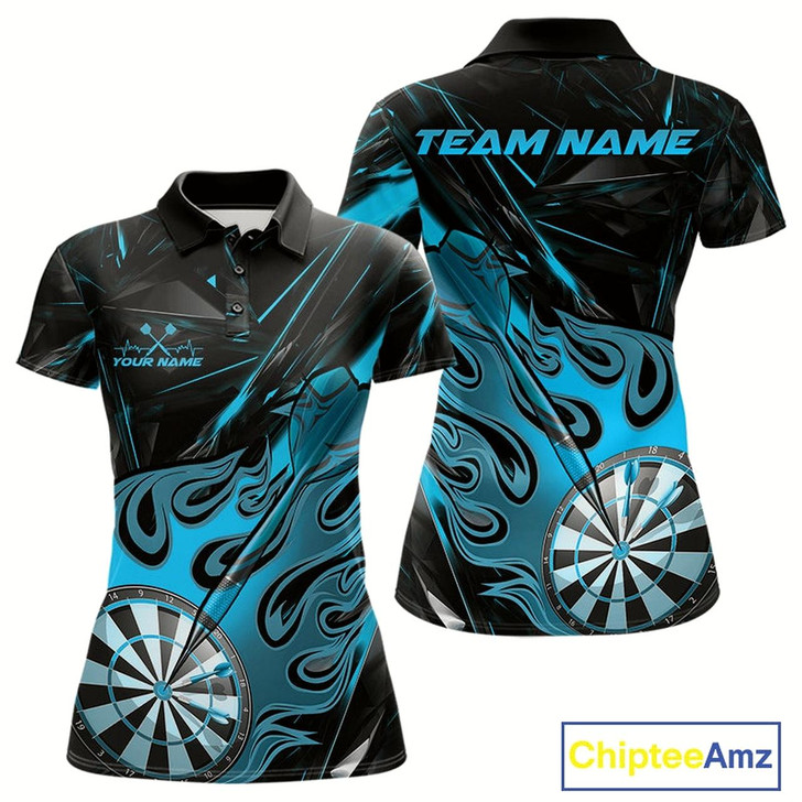 Goofygear Custom Black And Blue Flame Dartboard Dart Polo Shirts For Women, Dart Players Outfits