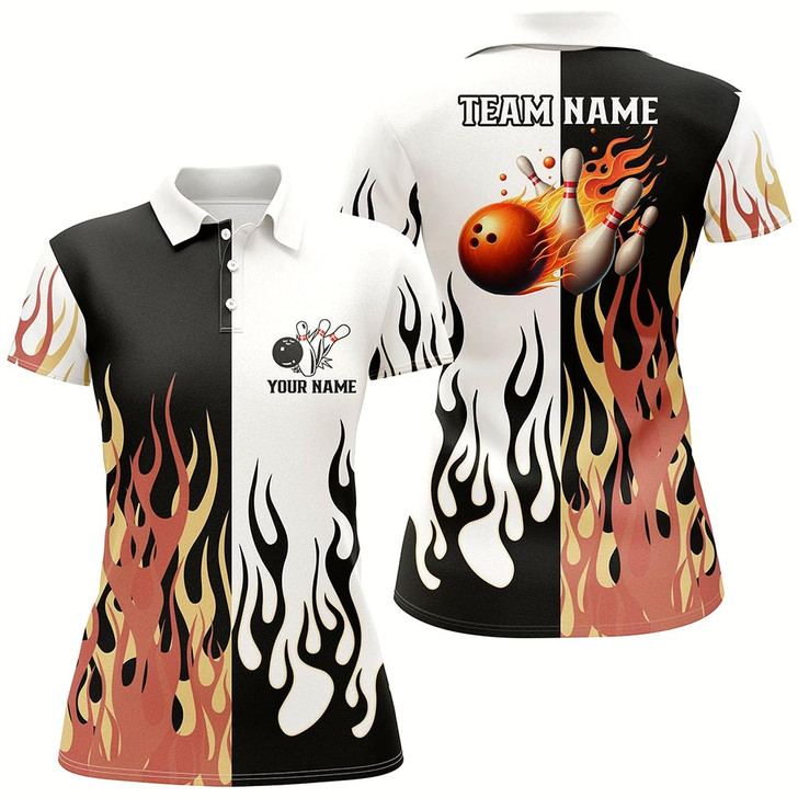 Goofygear Black And White Women Bowling Polo Shirts Custom Flame Bowling Team Jerseys, Womens Bowling Shirts