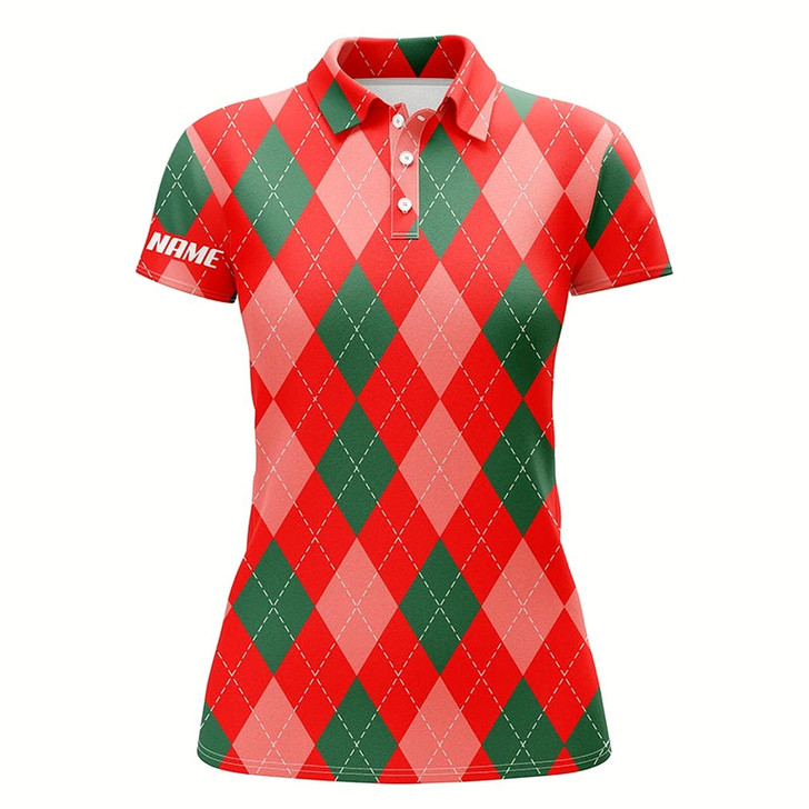 Goofygear Christmas Plaid Argyle Red Pattern Womens Golf Polo Shirt Custom Name Christmas Golf Gifts For Women