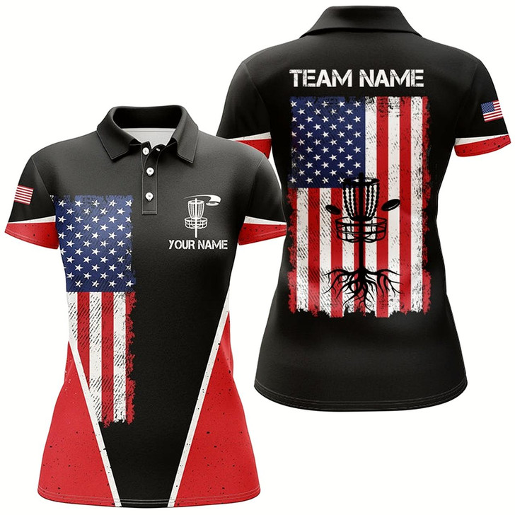 Goofygear Black Womens Disc Golf Polo Shirts Vintage American Flag Patriot Custom Disc Golf Shirt For Ladies