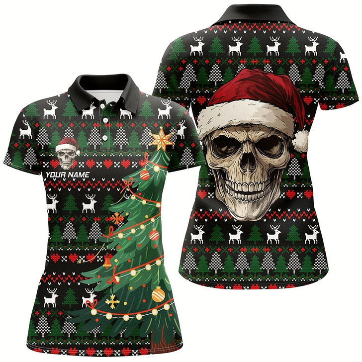 Goofygear Funny Ugly Christmas Pattern Santa Skull Womens Golf Polo Shirts Custom Xmas Gifts For Women