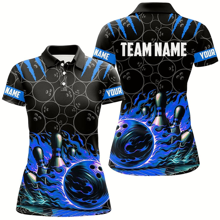 Goofygear Women Bowling Polo Shirts Custom Black Blue Flame Bowling Shirt, Bowling Team Jerseys Gift For Bowlers