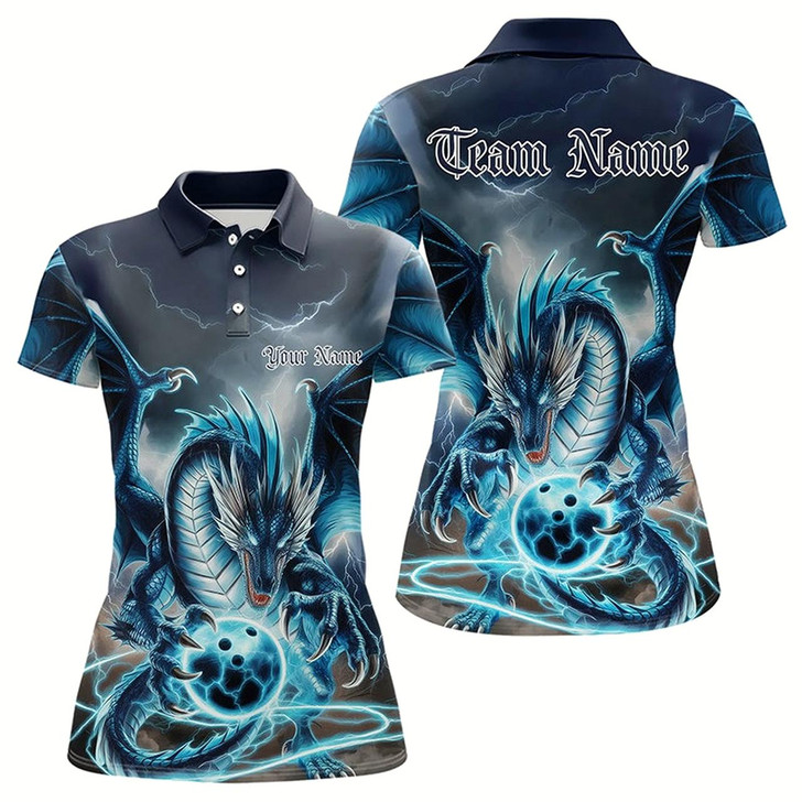 Goofygear Blue Thunder Lightning Custom Dragon Bowling Polo Shirts For Women, Bowling Team Uniform Style 1
