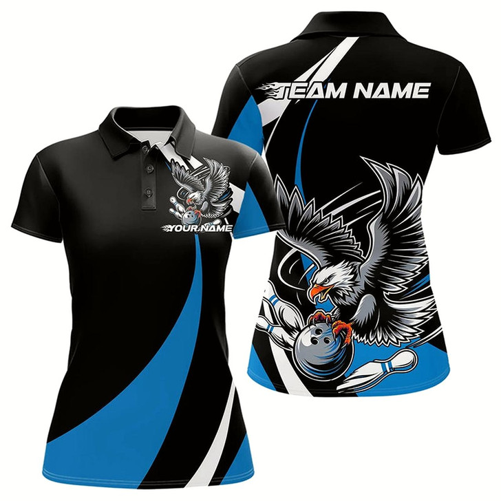 Goofygear Custom Black And Blue Eagle Bowling Women Polo Shirts, Eagle Bowling Team Jerseys
