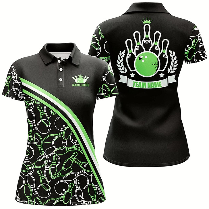 Goofygear Personalized Bowling Polo Shirts For Women Custom Black Green Bowling Pattern, Bowling Team Shirts