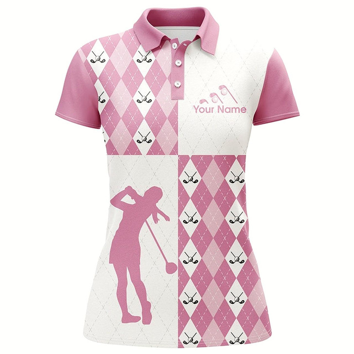 Goofygear Golf Athleisure Pink Argyle Pattern Custom Name Women Polo Shirt Pink Golf Shirt For Ladies
