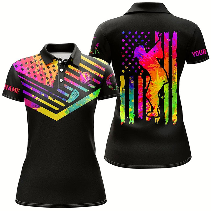 Goofygear Womens Golf Polo Shirt Watercolor American Flag Custom Name Black Womens Golf Shirt, Golfer Gifts