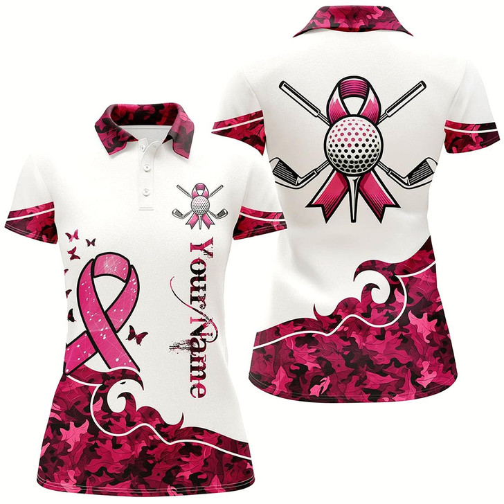 Goofygear White And Pink Camo Ribbons Women Golf Polo Shirts Custom Breast Cancer Golf Shirts For Ladies