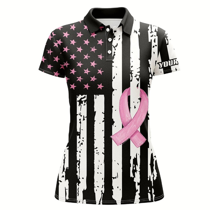 Goofygear Pink Ribbon American Flag Patriotic Women Golf Polo Shirts Custom Breast Cancer Awareness Golf Shirts