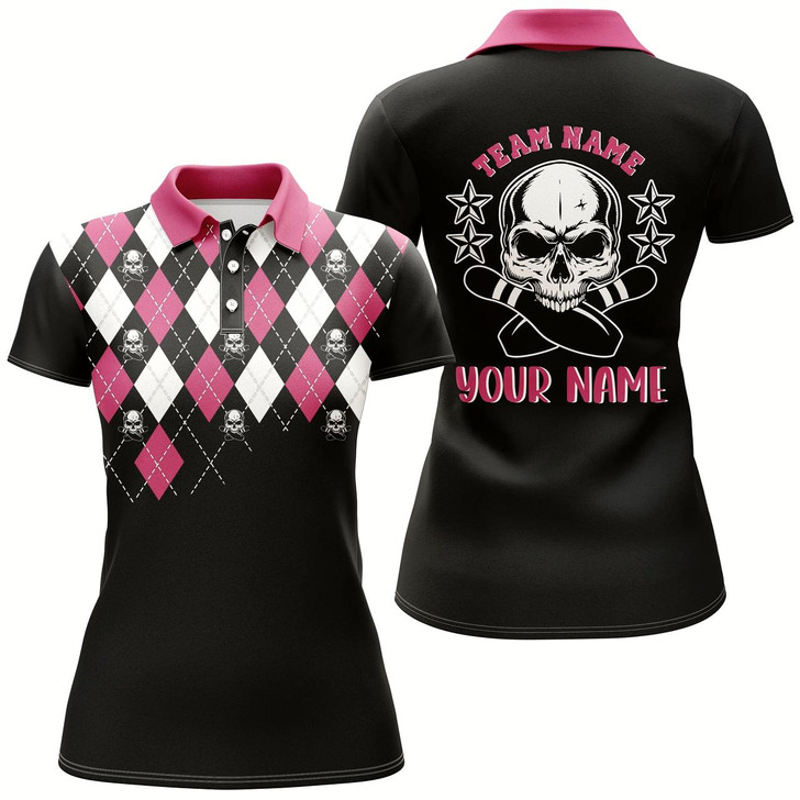 Goofygear Pink Bowling Skull Custom Name And Team Name Bowling Polo Shirt For Women, Bowling Jersey