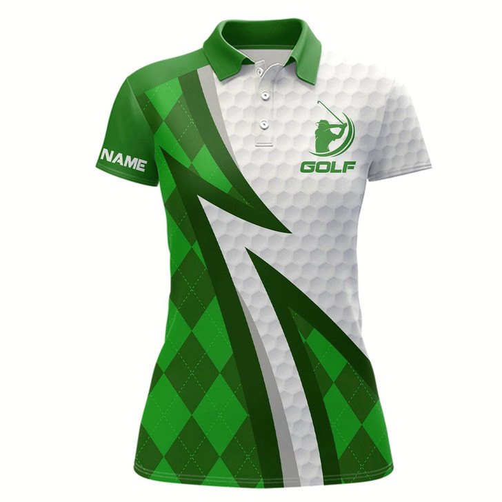Goofygear Women Golf Polo Shirts Custom Name Green Argyle Pattern White Golf Ball Skin Womens Golf Wears