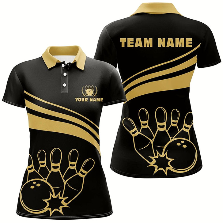 Goofygear Personalized Polo Bowling Shirts For Women, Custom Gold Womens Bowling Shirts Team Bowl Jersey Black
