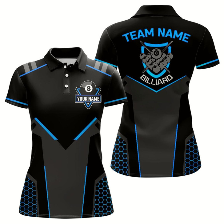 Goofygear Personalized Style Black Blue 8 Ball Billiard 3D Polo Shirts For Women, 8 Ball Pool Team Jerseys