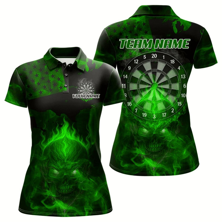 Goofygear Us Flag & Skull Custom Patriotic Green Dart Polo Shirts For Women, Dart Team Jerseys