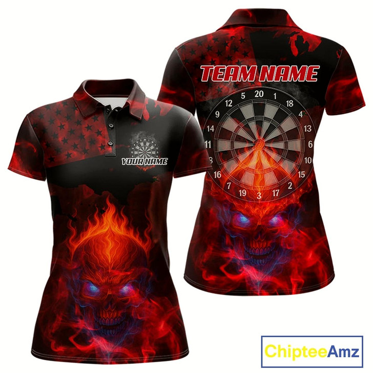 Goofygear Us Flag & Skull Custom Patriotic Red Dart Polo Shirts For Women, Dart Team Jerseys