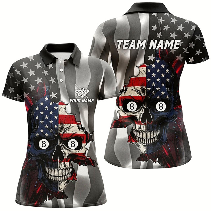 Goofygear Personalized Billiard Skull American Flag Women Polo Shirts Custom Patriotic Billiard Jerseys Attire