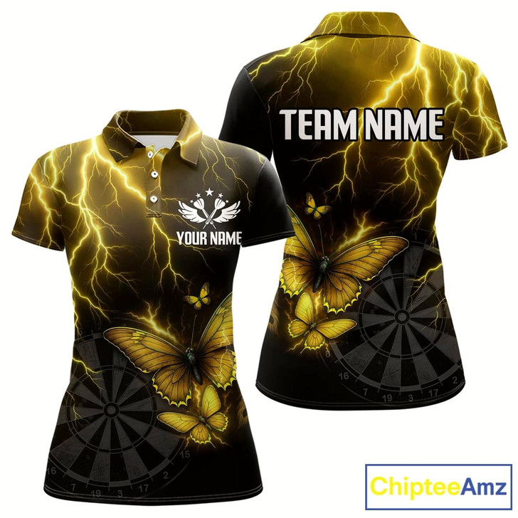 Goofygear Custom Women'S Polo Darts Shirt With Yellow Lightning & Glowing Butterfly, Darts Jersey