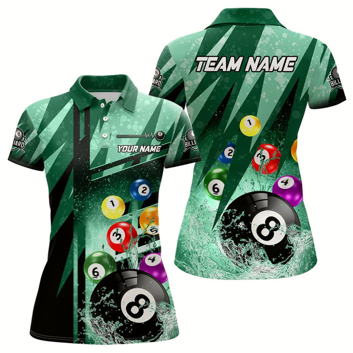 Goofygear Personalized Billiard Balls In Water 3D Green Polo Shirts For Women, Custom 8 Ball Pool Team Shirts