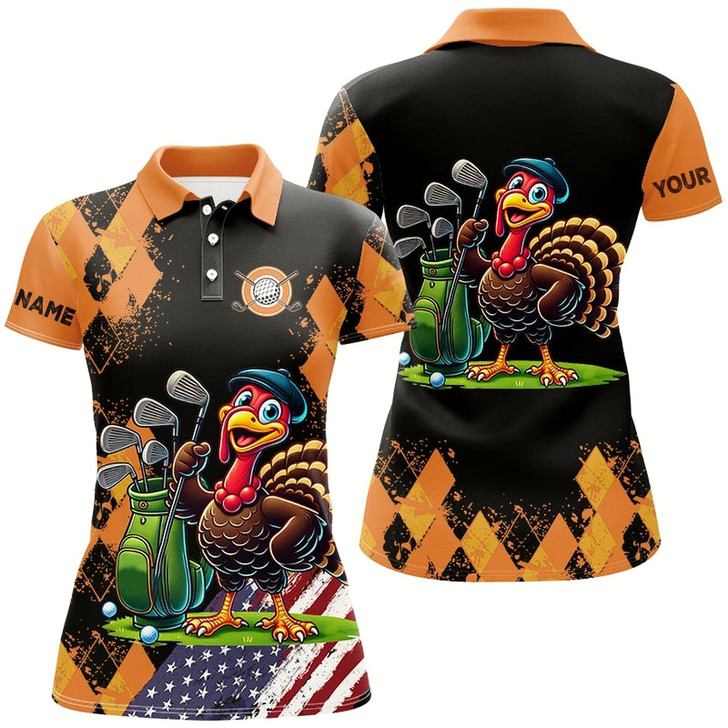 Goofygear Orange Argyle Pattern Thanksgiving Turkey American Flag Women Golf Polo Shirt Custom Ladies Golf Tops