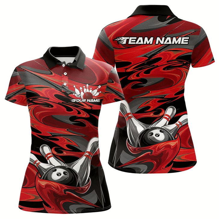 Goofygear Black And Red Camo Custom Flame Bowling Polo Shirts For Women, Flame Bowling Team Uniform