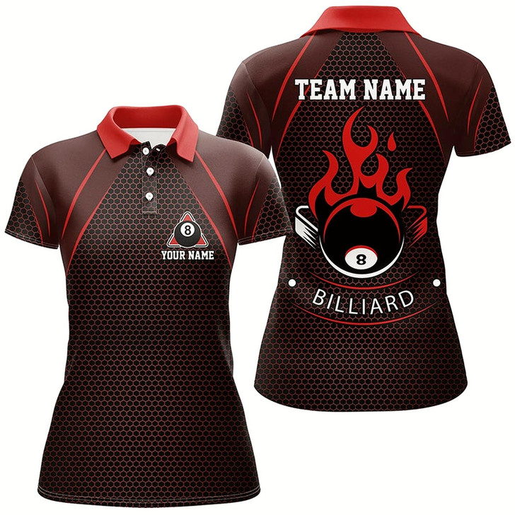 Goofygear Personalized Red Fire 8 Ball Pool Polo Shirts For Women, Custom Flame 8 Ball Billiard Team Shirts