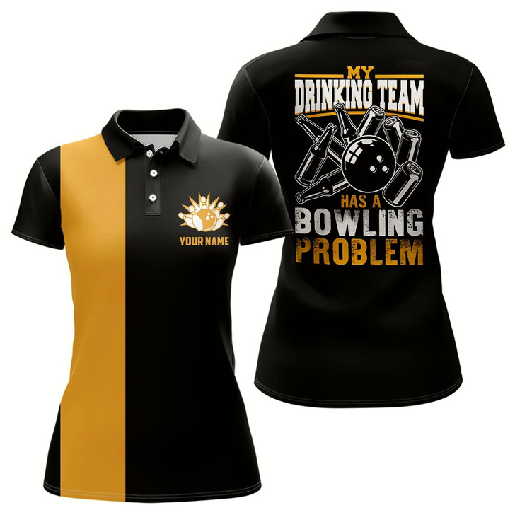 Goofygear Funny Black Yellow Retro Bowling Polo Shirt For Women Custom My Drinking Team Has A Bowling Problem
