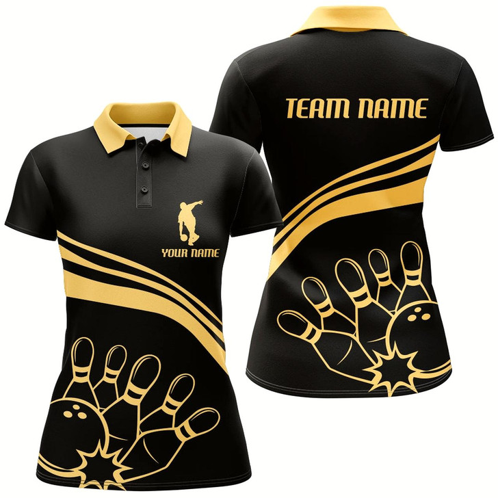 Goofygear Black&Gold Bowling Polo Shirt For Women Custom Bowling Jersey Vintage Bowling Team League Shirt