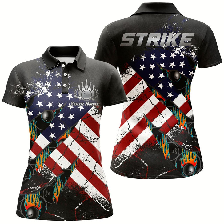 Goofygear American Flag Bowling Shirt For Women Custom Bowling Jersey Strike Patriot League Lady Polo Shirt