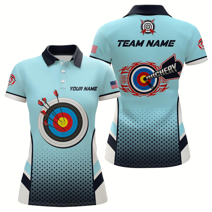 Goofygear Personalized Us Flag 3D Target Archery Polo Shirts For Women, Custom Blue Archery Jerseys
