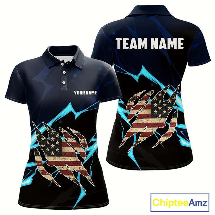 Goofygear Vintage American Flag Blue Lightning Women Golf Polo Shirts Custom Patriotic Golf Outfit For Ladies