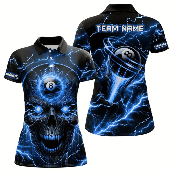 Goofygear Personalized Skull Billiard Polo Shirts For Women Custom Name 8 Ball Pool Billiard Jerseys Blue