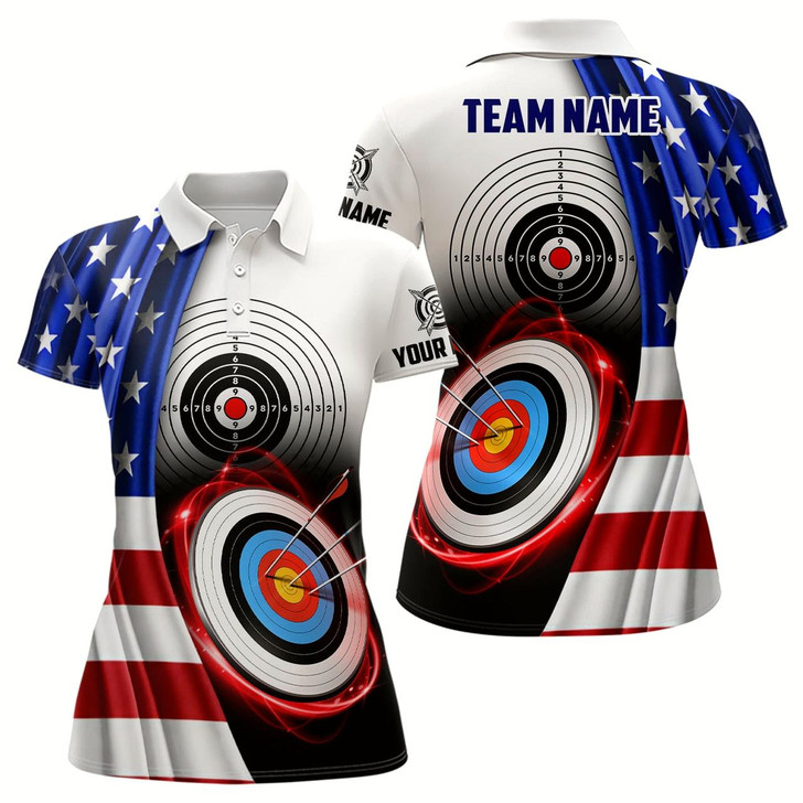 Goofygear American Flag Archery 3D Target Personalized Women Polo Shirts, Patriotic Us Archery Jerseys For Team
