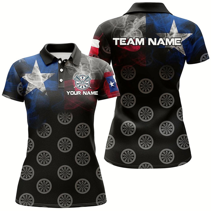 Goofygear Personalized Smoke Texas Flag Dart Polo Shirts, Custom Patriotic Darts Shirts For Women Dart Jerseys Style 2