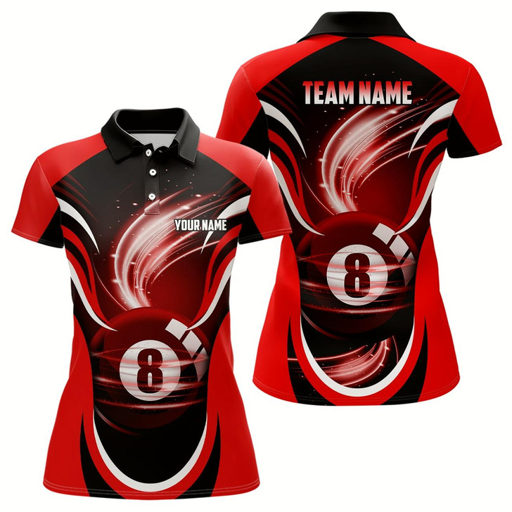 Goofygear Personalized Red Black 3D 8 Ball Pool Polo Shirts For Women, Custom Billiard 8 Ball Pool Team Shirts