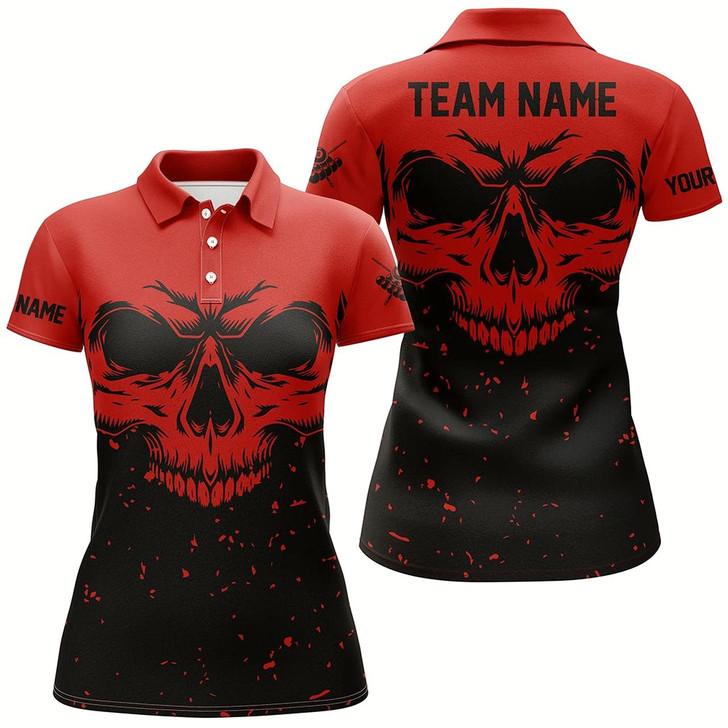 Goofygear Custom Grunge Black Red Skull Billiard Women Polo Shirts, 8 Ball Billiards Apparel Clothing