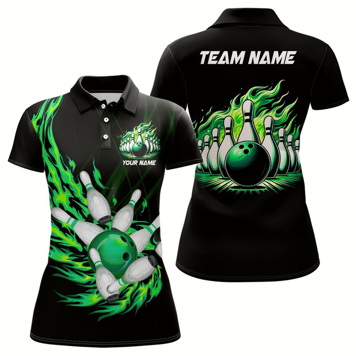 Goofygear Green Flame Bowling Ball And Pins Custom Womens Bowling Polo Shirts, Team Ladies Bowling Jerseys