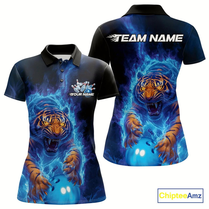 Goofygear Custom Blue Fire Flame Tiger Bowling Team Polo Shirts For Women, Tiger Bowling Jerseys Style 2