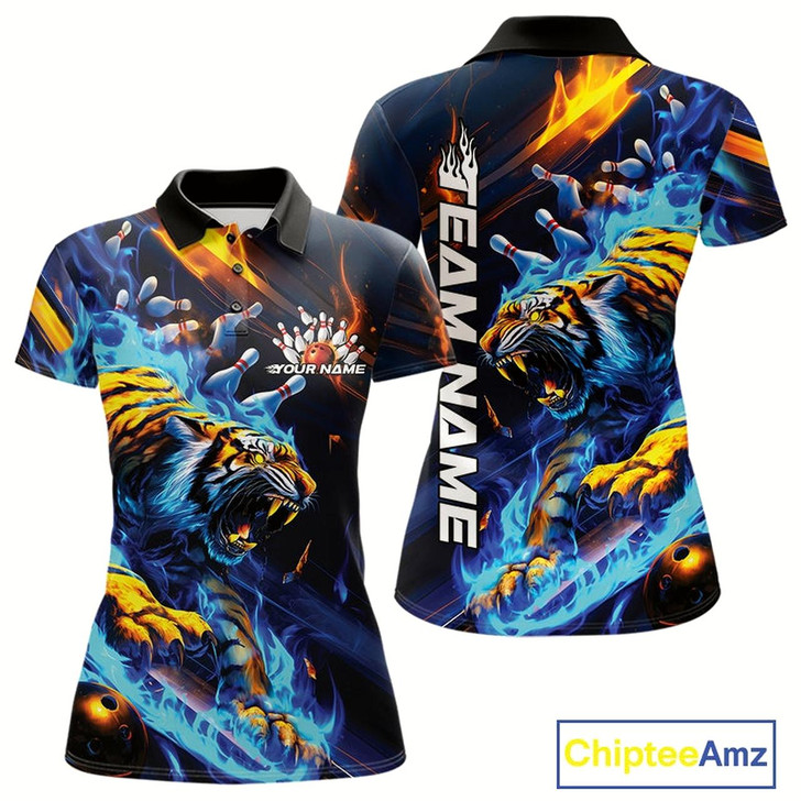 Goofygear Custom Blue Fire Flame Tiger Bowling Team Polo Shirts For Women, Tiger Bowling Jerseys Style 3