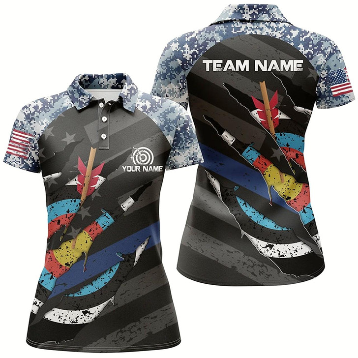 Goofygear Personalized Retro Camo Target Archery 3D Polo Shirts For Women, Custom Us Flag Archery Jerseys