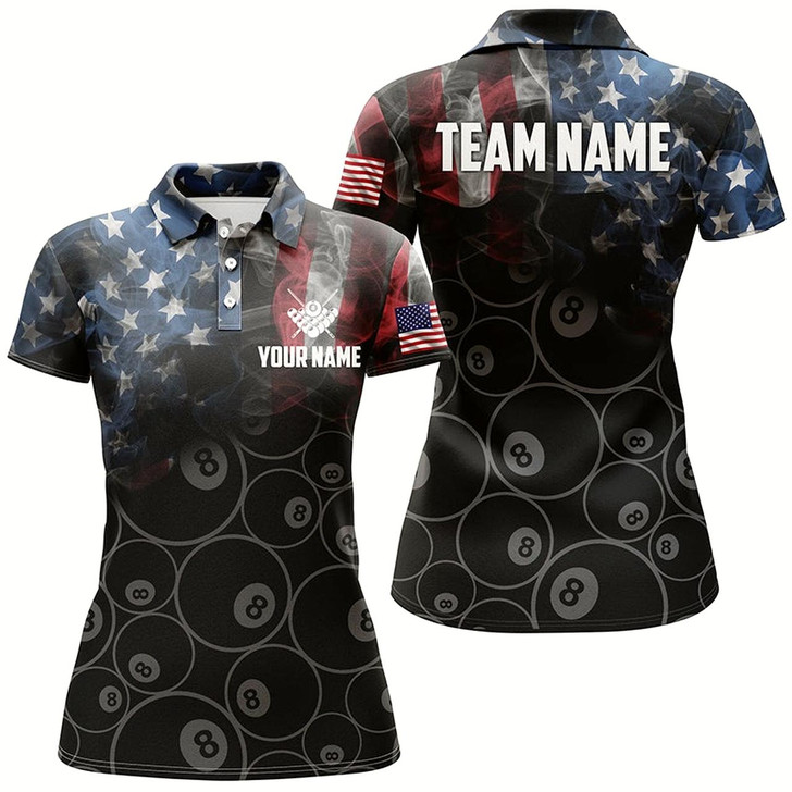 Goofygear Personalized Vintage Smoke Us Flag Billiard Polo Shirts For Women, Custom 8 Ball Pool Team Jerseys Style 1