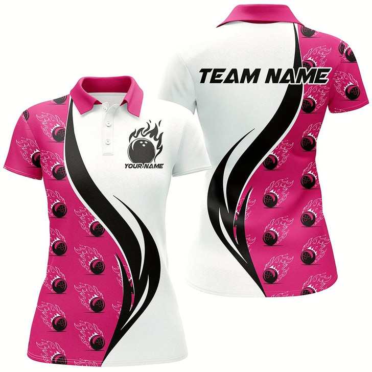 Goofygear Custom Flame Bowling Polo Shirts For Women, Bowling Team Uniforms With Name Pink