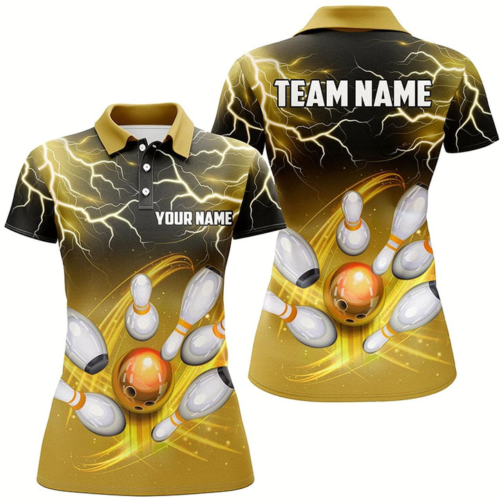 Goofygear Women Bowling Polo Shirt Custom Black Yellow Bowling Lightning Thunder Team Bowling League Jerseys